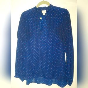 Navy red polka dot, bow long sleeved blouse